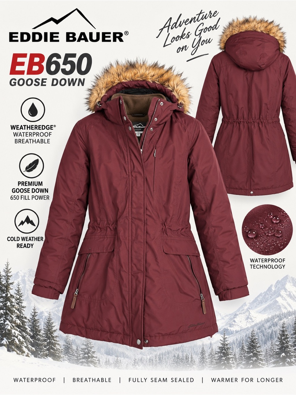 Eddie Bauer Women’s L EB650 Goose Down WeatherEdge Parka Faux Fur Hood Burgundy